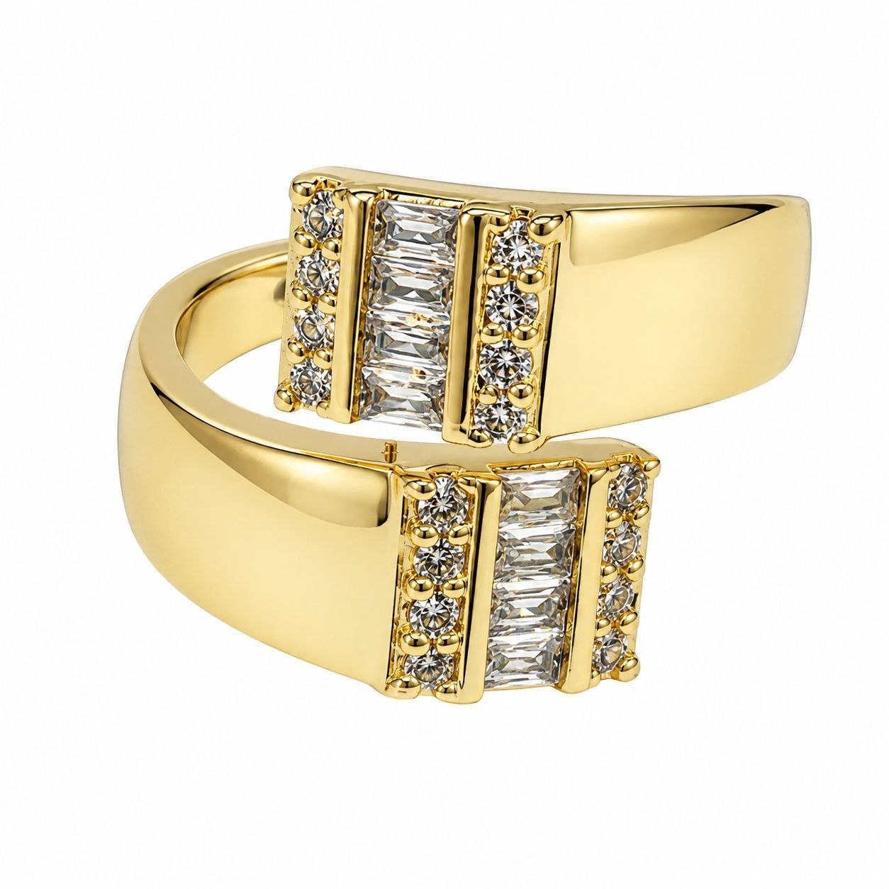 ANILLO DE ENCHAPE PARA DAMA CON DISEÑO ABIERTO Y CIRCONES CORTES BAGUETTE Y REDONDO