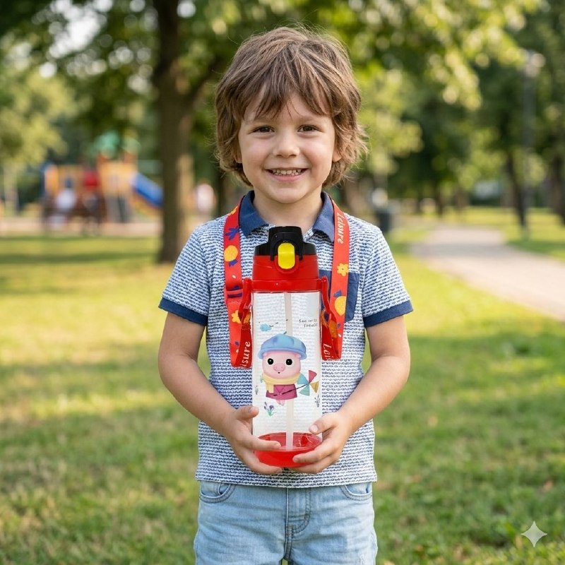BOTE DE AGUA INFANTIL CON CORREA Y PAJILLA PARA NIÑOS 24X7CM