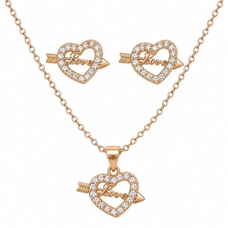 SET DE ENCHAPE PARA DAMA CADENA, DIJE Y TOPOS CORAZÓN "LOVE" CON FLECHA