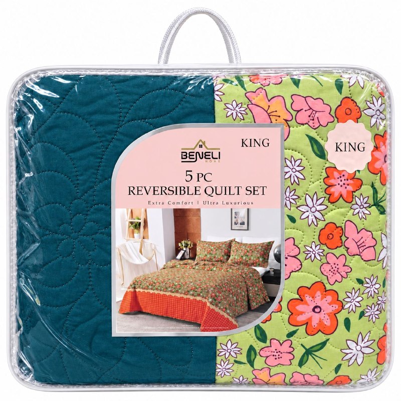 JUEGO DE EDREDON CUBRECAMA REVERSIBLE KING DE 5 PIEZAS BENELI HOME