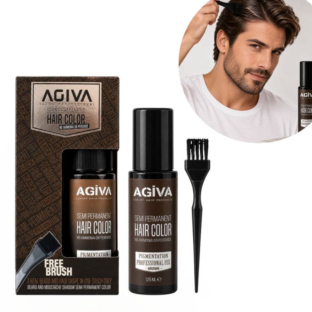 TINTE COLOR CAFE SEMIPERMANENTE PARA CABELLO, BARBA Y BIGOTE CON BROCHA APLICADORA AGIVA 125ML