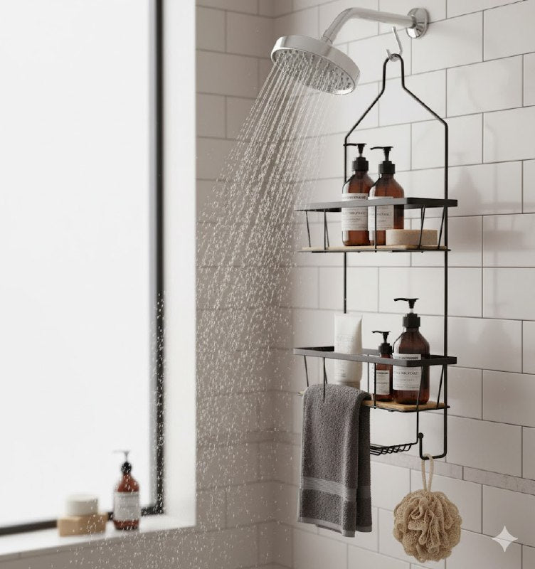 ESTANTE ORGANIZADOR PARA BAÑO DE 2 NIVELES DE METAL COLOR NEGRO ELEGANTE