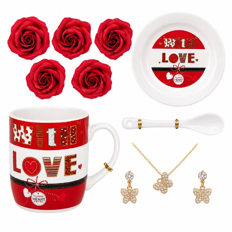 SET DE REGALO DE 9 PIEZAS LOVE (TAZA, PLATO, CUCHARA, SET DE JOYERÍA Y ROSAS) 1 UND