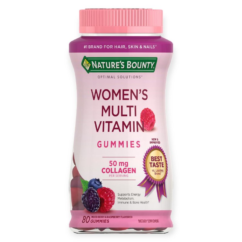 VITAMINAS EN GOMITAS MULTIVITAMINA PARA MUJERES 50MG DE COLAGENO SABOR FRAMBUESA 80PCS NATURES TRUTH