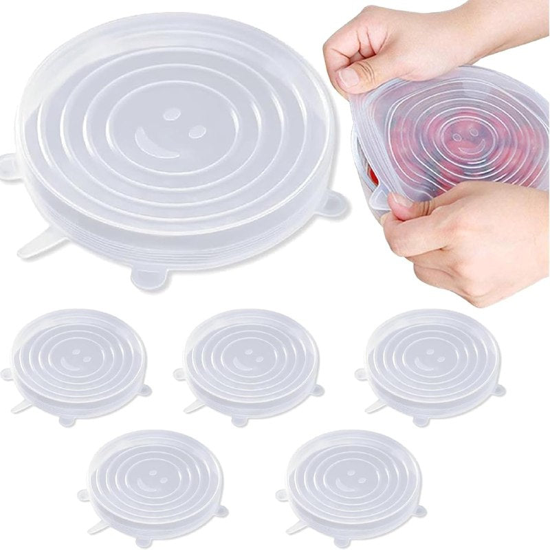 TAPADERAS DE SILICONA EN SET DE 6 PIEZAS REUTILIZABLES, SE ADAPTAN A CUALQUIER RECIPIENTE Y LO SELLAN PERFECTAMENTE 4 COLORES