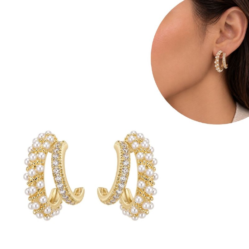 ARITOS DE ENCHAPE CON DISEÑO DE ARGOLLAS DOBLES CON PERLAS Y CIRCONES 1.8CM