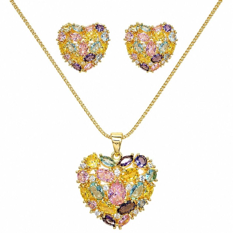 SET DE ENCHAPE PARA DAMA CADENA, DIJE Y TOPOS CORAZÓN MULTICOLOR