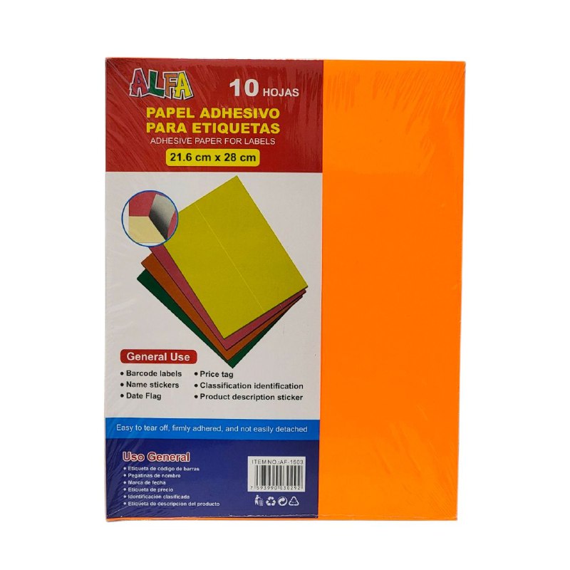 PAPEL ADHESIVO 10 HOJAS IDEAL PARA ETIQUETAS DE CODIGO DE BARRAS, PEGATINAS DE NOMBRE, MARCA DE FECHA, ETC ALFA 21.6X28CM