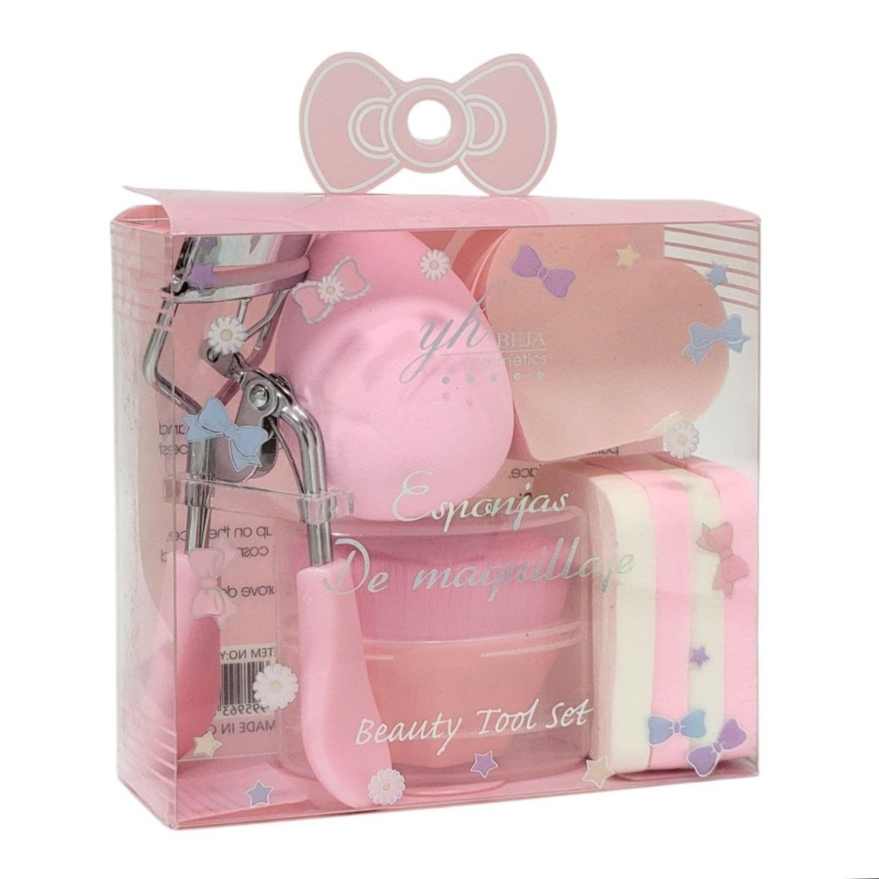 SET DE HERRAMIENTAS DE BELLEZA RIZADOR DE PESTAÑAS ESPONJAS TIPO BEAUTY BLENDER Y BORLAS YH BEJA COSMETICS