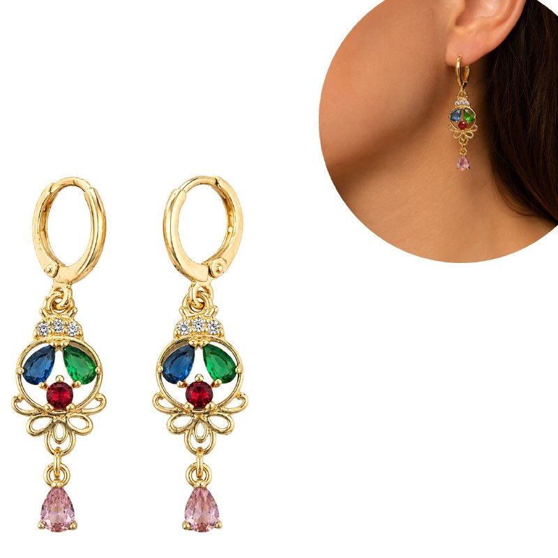 ARITOS DE ENCHAPE PARA DAMA CON DISEÑO FLORAL DE PIEDRAS MULTICOLOR 4CM