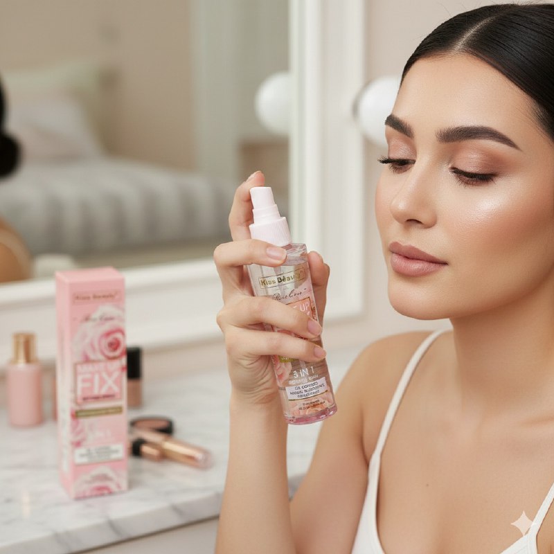 FIJADOR DE MAQUILLAJE EN SPRAY 3 EN 1 HIDRATANTE, AGUA DE ROSAS CALMANTE, SUAVE, RICO Y DE RAPIDA ABSORCION KISS BEAUTY 150ML