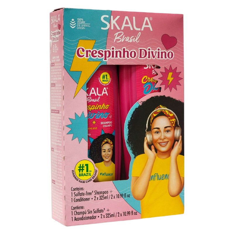 SHAMPOO EN SET, SHAMPOO SIN SAL 325ML, ACONDICIONADOR 325ML, HIDRATACION, BRILLO Y CONTROL DE FRIZZ PARA CABELLOS RIZADOS SKALA BRASIL