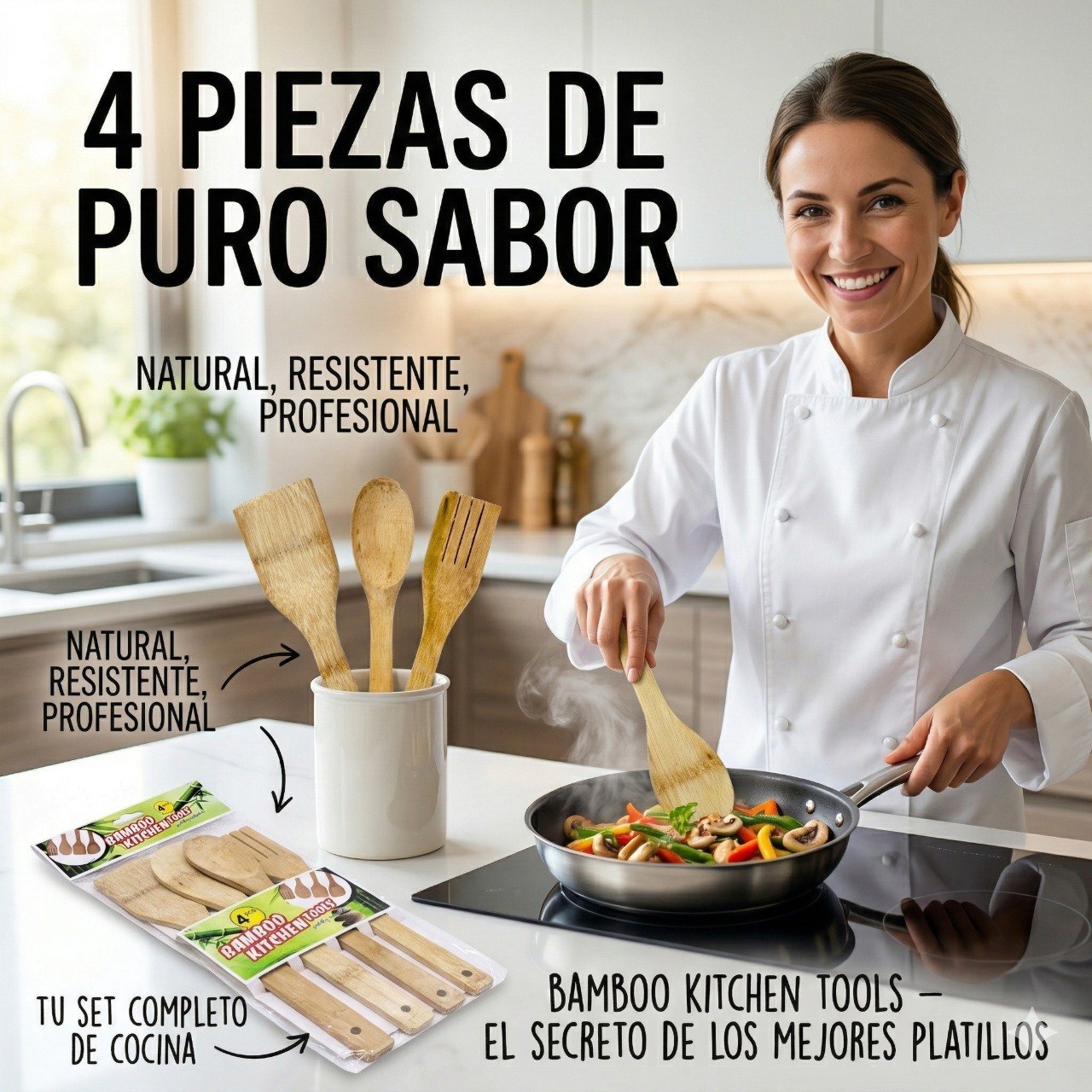 SET DE UTENSILIOS DE COCINA ECOLOGICOS DE BAMBU NATURAL 4PCS