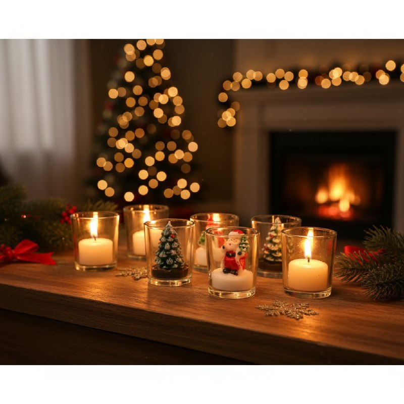DECORACION ADORNO MINI CANDELAS NAVIDEÑAS EN VASITO DE VIDRIO 4X6CM, 4 ESTILOS