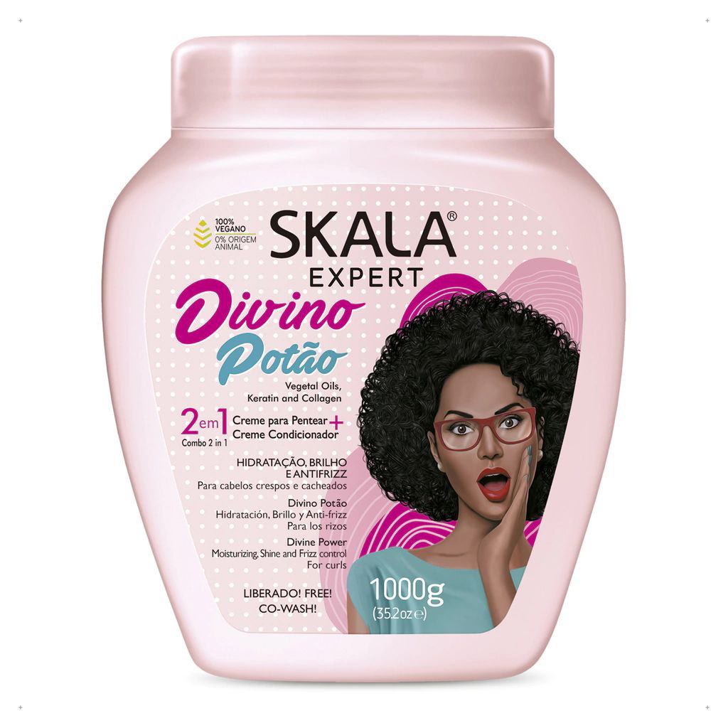 TRATAMIENTO CAPILAR EN CREMA 2 EN 1 ACONDICIONADORA PARA PEINAR, ACEITES VEGETALES, QUERATINA Y COLAGENO, HIDRATACION Y BRILLO ANTI FRIZZ PARA CABELLO RIZADO Y ENCRESPADO SKALA EXPERT DIVINO POTAO 1000G