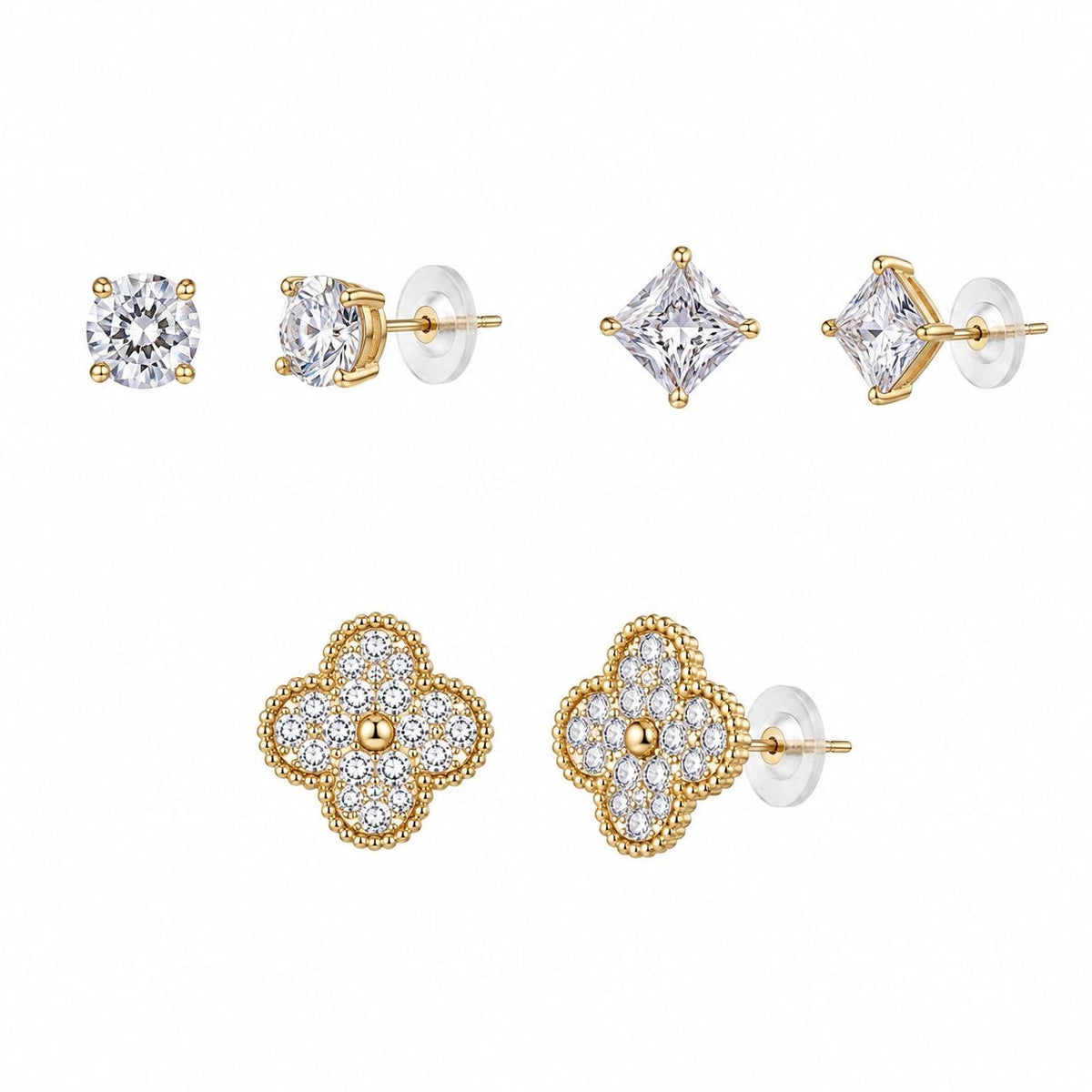 SET DE ARETES ENCHAPE PARA DAMA TRIPLE PAR CON MOTIVO DE TRÉBOL Y CIRCONES