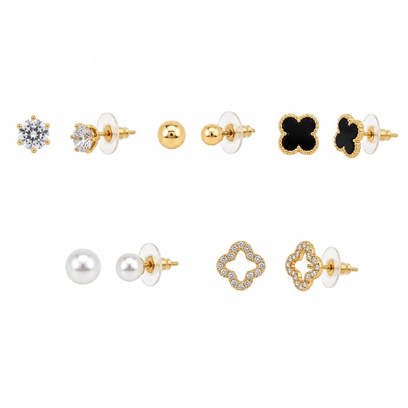 SET DE 5 PARES DE ARITOS DE ENCHAPE PARA DAMA TRÉBOLES ESMALTADOS, CIRCONES Y PERLAS
