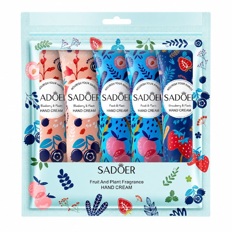 KIT DE CREMAS PARA MANOS CON EXTRACTOS FRUTALES SET DE HIDRATACIÓN PROFUNDA Y ABSORCIÓN RÁPIDA SADOER 5 PIEZAS DE 30 G C/U