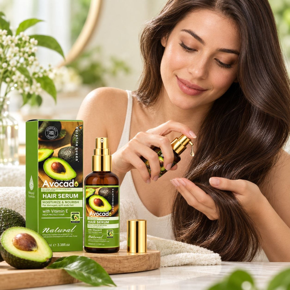 SUERO PARA EL CABELLO HIDRATANTE DE ACEITE DE COLAGENO DE AGUACATE Y VITAMINA E KERATINE QUEEN 100ML