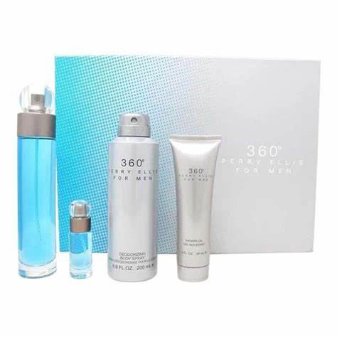 SET DE 4/P PERRY ELLIS 360 MEN EDT 3.3 OZ / 0.25 OZ / BODY SPRAY 170G /GEL 3 OZ