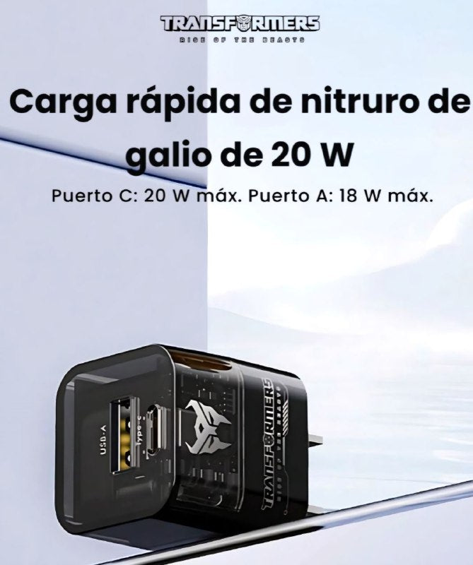 CARGADOR RAPIDO, CUBO DE CARGA RAPIDA DE 20W, SOBLE PUERTO USBC Y USB A, TRANSPARENTE, CHIP INTELIGENTE, NO INCLUYE CABLE, TRANSFORMERS RISE OF THE BEASTS EXPLORE