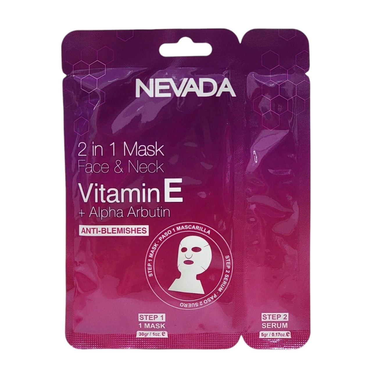 MASCARILLA FACIAL Y DE CUELLO DE TELA HIDRATANTE ANTIMANCHAS CON VITAMINA E Y ARBUTINA NEVADA 1OZ