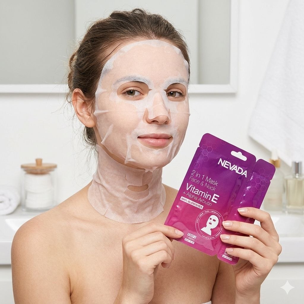 MASCARILLA FACIAL Y DE CUELLO DE TELA HIDRATANTE ANTIMANCHAS CON VITAMINA E Y ARBUTINA NEVADA 1OZ