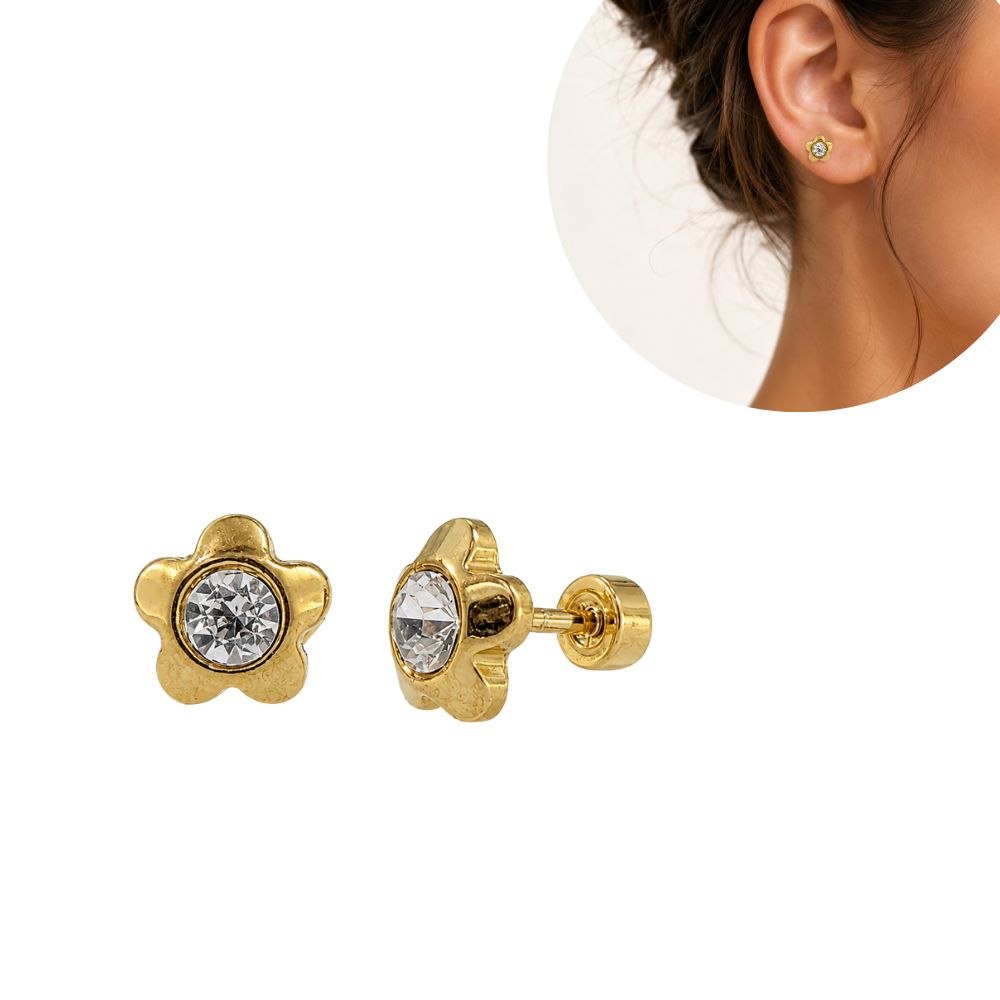 ARETES DE ENCHAPE PARA DAMA CON MOTIVO DE FLOR DE 5 PÉTALOS Y CIRCÓN