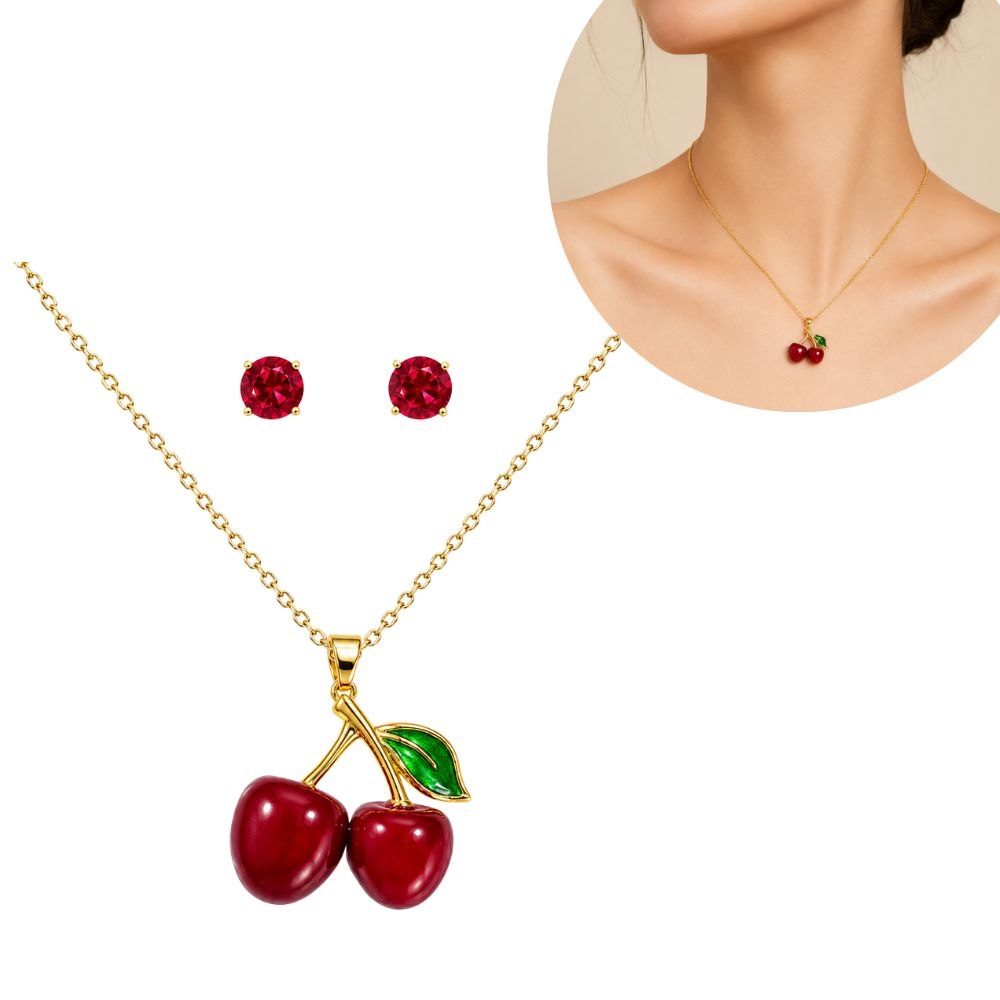 SET DE ENCHAPE PARA DAMA CON DISEÑO DE CEREZAS Y ARETES DE CIRCÓN ROJO