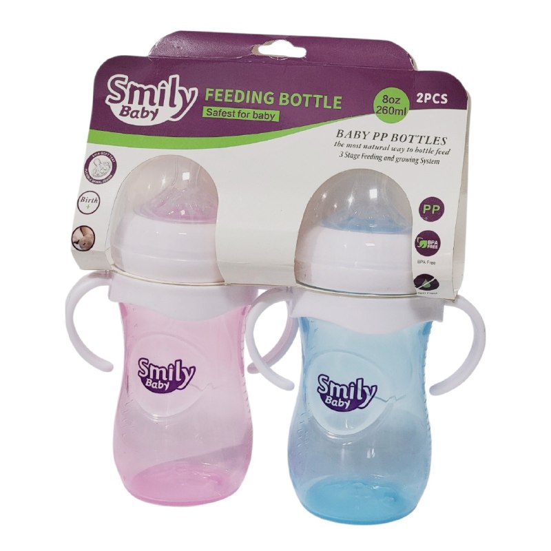 BIBERON CHUPON PARA BEBES EN SET DE 2 PIEZAS CON ASAS CAPACIDAD DE 260ML SMILY BABY