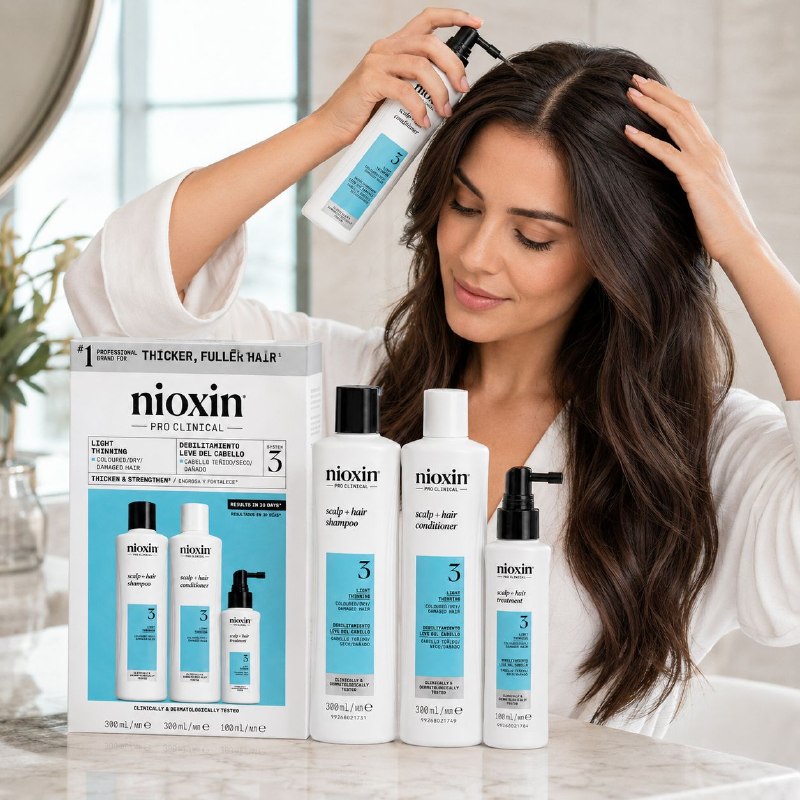 SET DE 3 PASOS PARA CABELLO TEÑIDO CON DEBILITAMIENTO LEVE, EFECTO ANTICAIDA, PROTECTOR DE COLOR Y DENSIFICADOR NIOXIN