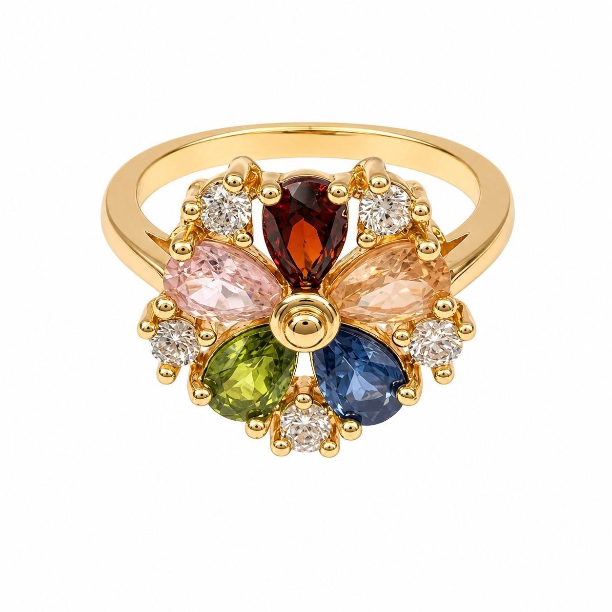 ANILLO DE ENCHAPE PARA DAMA CON DISEÑO DE FLOR Y CIRCONES MULTICOLOR