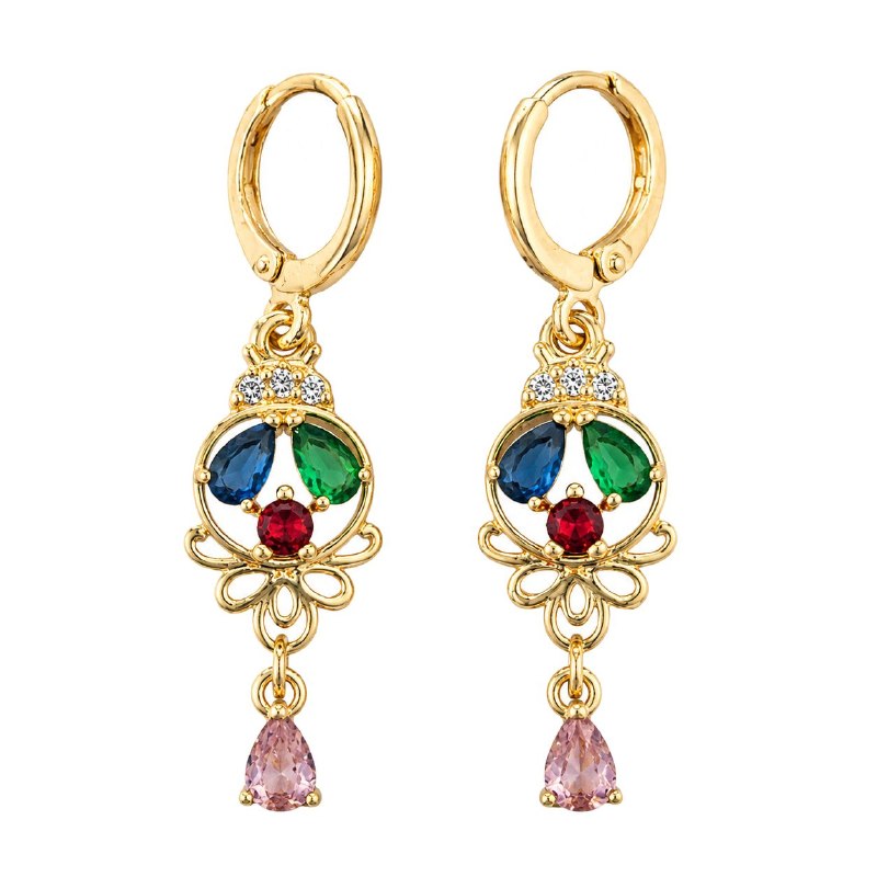 ARITOS DE ENCHAPE PARA DAMA CON DISEÑO FLORAL DE PIEDRAS MULTICOLOR 4CM