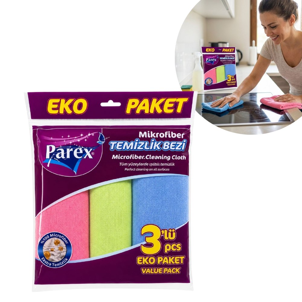 TOALLAS DE MICROFIBRA MULTIUSO 100% POLIESTER SEGURO Y EFECTIVO PARA LIMPIAR Y PULIR PAREX EKO  3 COLORES