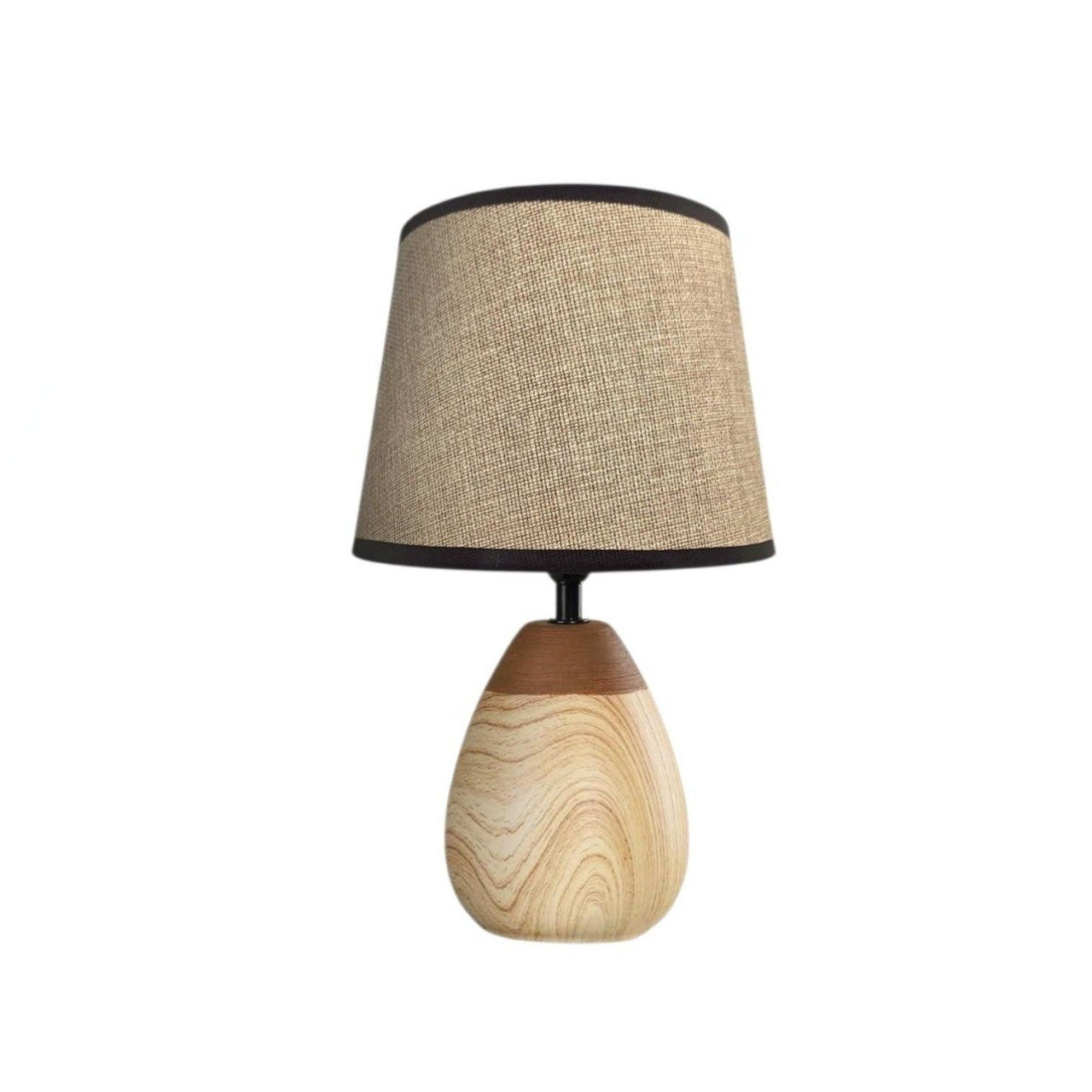 LAMPARA DECORATIVA DE MESA CON BASE CERAMICA Y PANTALLA DE TELA CON DISEÑO ORGANICO