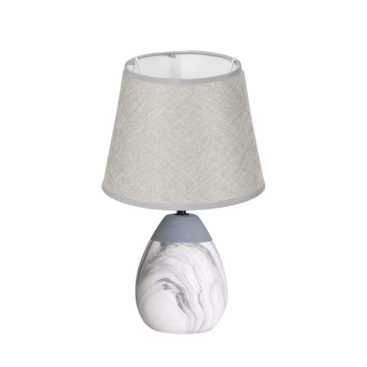 LAMPARA DECORATIVA DE MESA CON BASE CERAMICA Y PANTALLA DE TELA CON DISEÑO ORGANICO