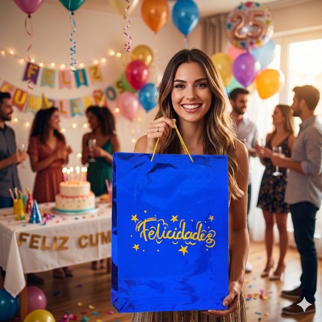 BOLSA DE REGALO EXTRA GRANDE DE FELICIDADES CON ACABADO METALICO 45X33CM