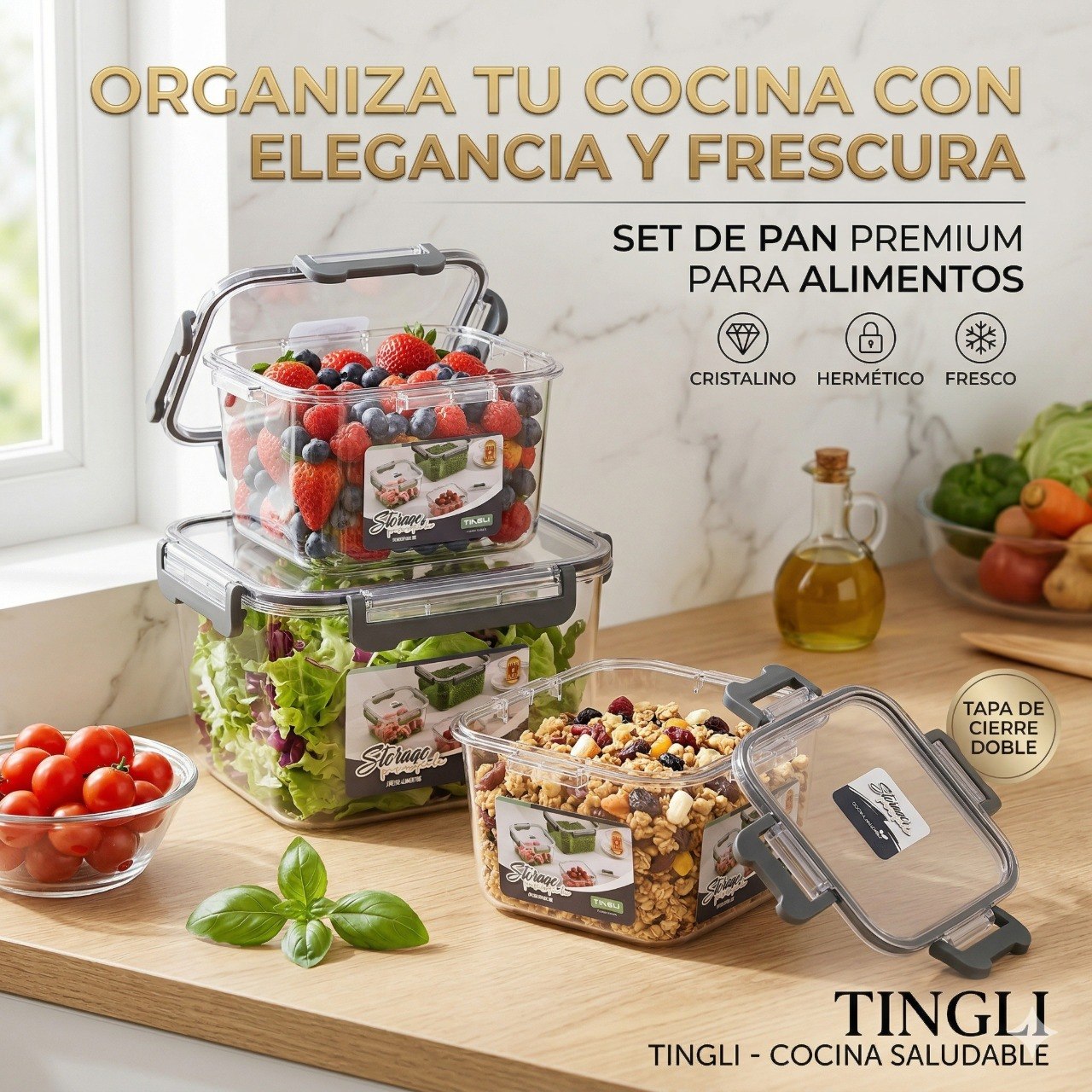 SET DE RECIPIENTES HERMETICOS CUADRADOS  COLOR GRIS OSCURO 3PCS TINGLI 25CM 20CM 16CM