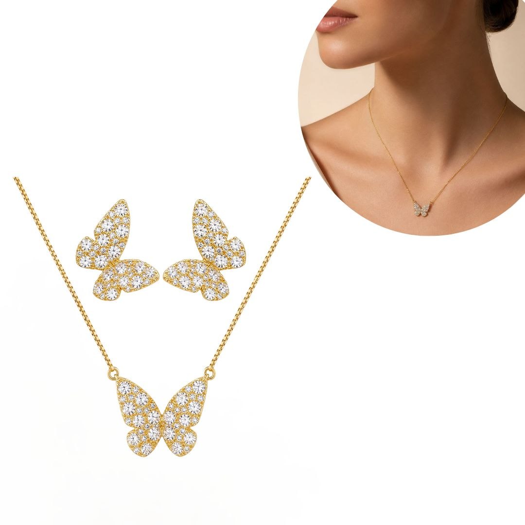 SET DE ENCHAPE PARA DAMA COLLAR INTEGRADO Y TOPOS MARIPOSA CON PAVÉ DE CIRCONES