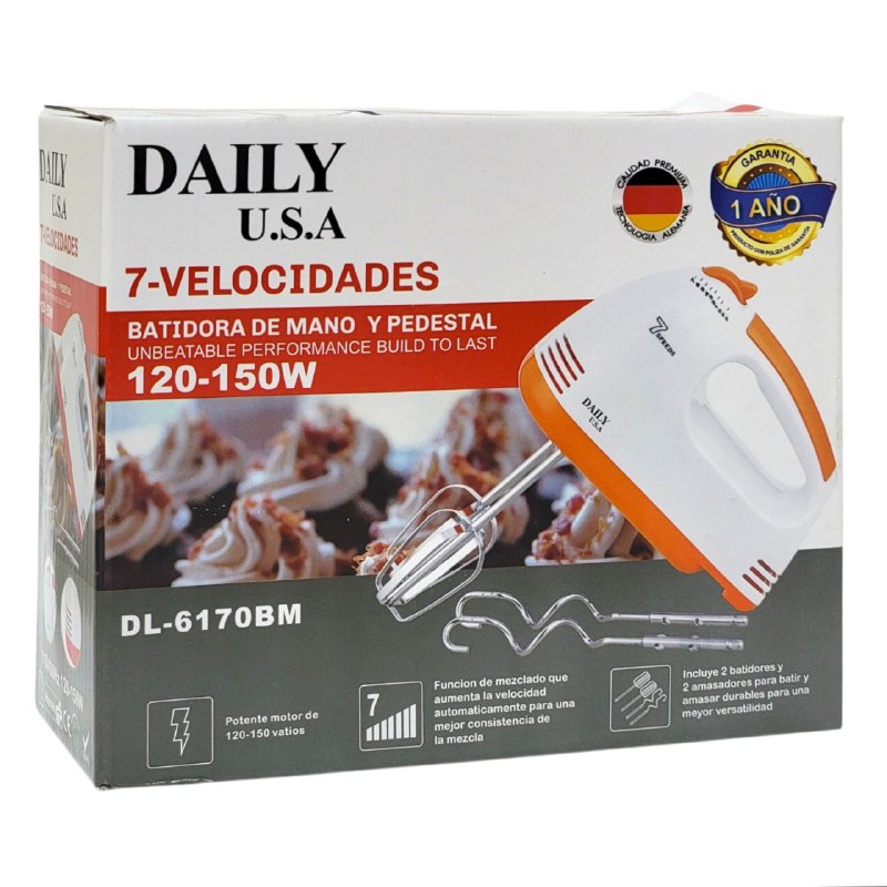 MAQUINA BATIDORA DE MANO Y PEDESTAL DE 7 VELOCIDADES, MOTOR POTENTE 120-150W, FUNCION DE MEZCLADO PARA BATIR Y AMASAR DAILY U.S.A DL-6170BM