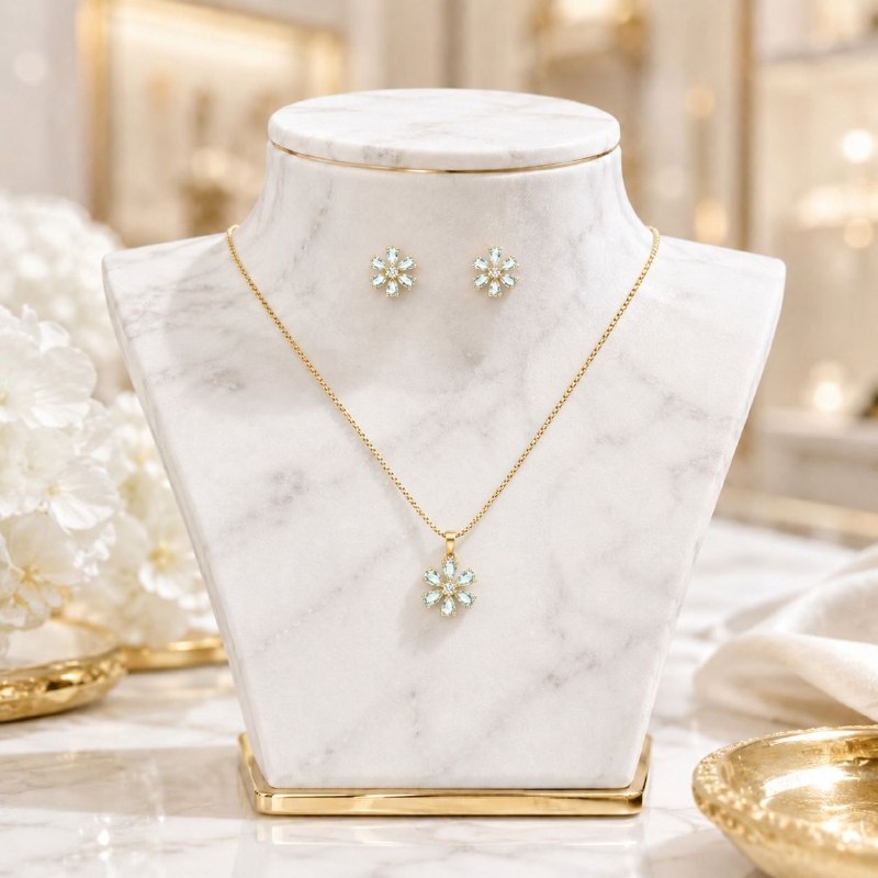 SET DE ENCHAPE PARA DAMA CADENA, DIJE Y TOPOS FLORAL DE CRISTALES AQUA / VERDE AGUA