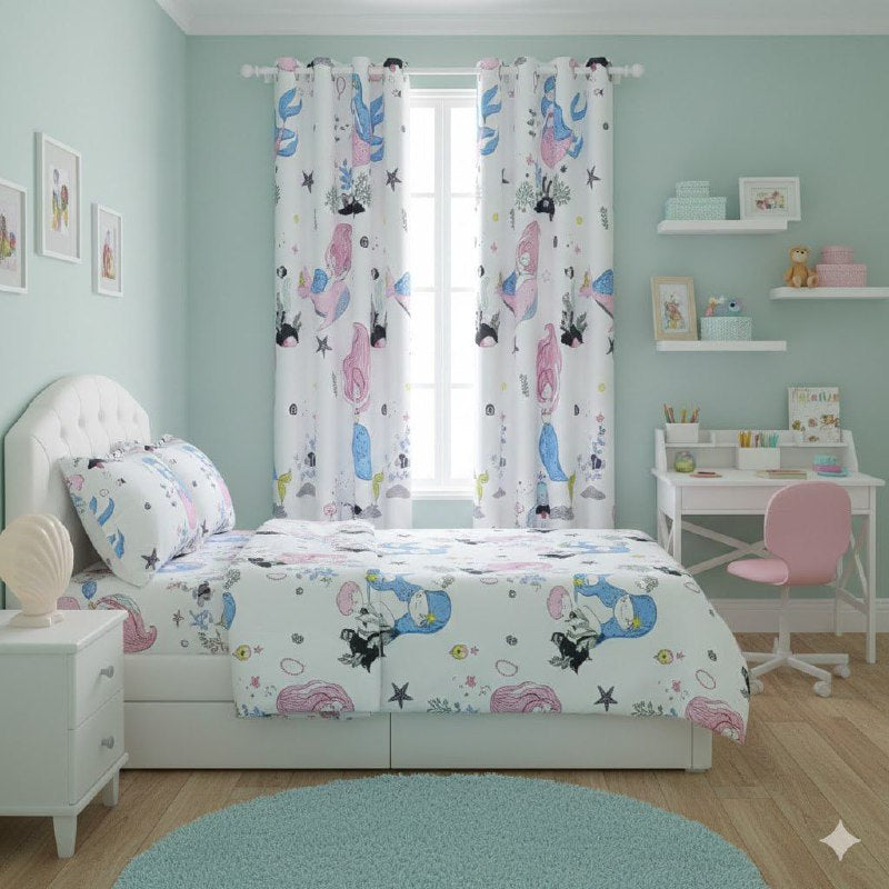 JUEGO DE SABANAS MATRIMONIAL EN SET CON CORTINAS PARA NIÑAS DE 6 PIEZAS SIRENAS BENELI HOME