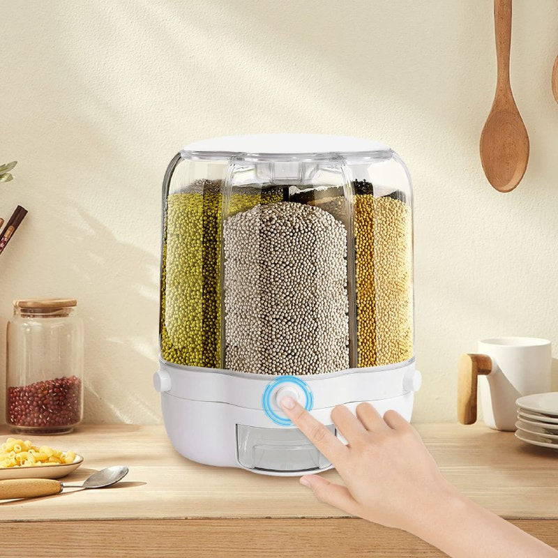 ALMACENADOR DISPENSADOR ORGANIZADOR DE CEREALES Y GRANOS DE ALIMENTOS GIRATORIO DE 6 REJILLAS 26.3X32CM