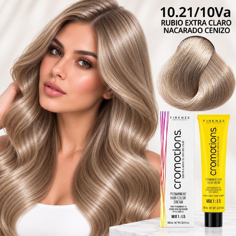 TINTE PERMANENTE PARA EL CABELLO EN CREMA RUBIO EXTRA CLARO NACARADO CENIZO 10.21/ 10VA FIRENZE 100ML