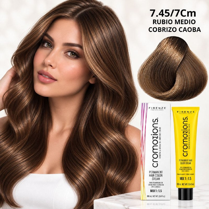 TINTE PERMANENTE PARA EL CABELLO EN CREMA RUBIO MEDIO COBRIZO CAOBA 7.45/ 7CM FIRENZE 100ML