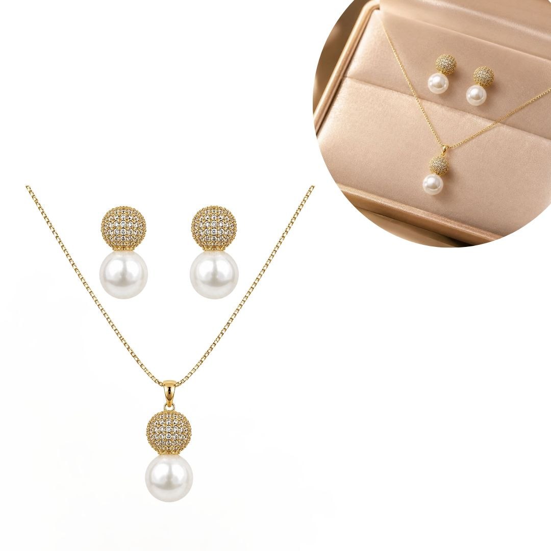 SET DE ENCHAPE PARA DAMA CADENA, DIJE Y TOPOS ESFERA PAVÉ CON PERLA COLGANTE