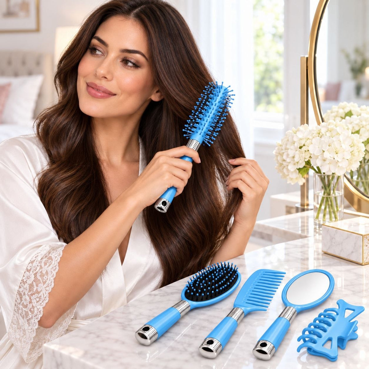 SET DE CEPILLOS ESPEJO Y ACCESORIOS PARA CABELLO 5 PIEZAS