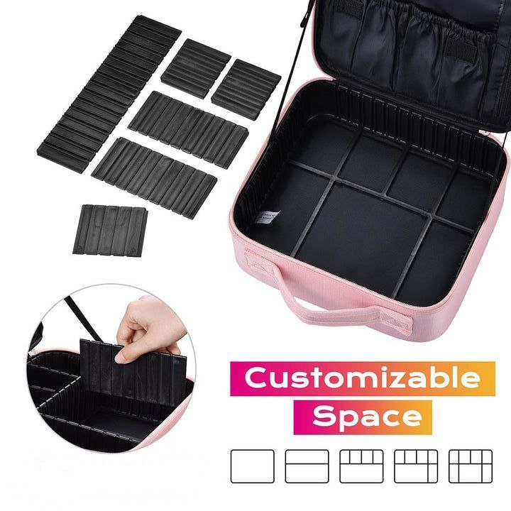 ORGANIZADOR ESTUCHE DE MAQUILLAJE PORTATIL CON SEPARADORES AJUSTABLES ROSADO 26x23x10CM