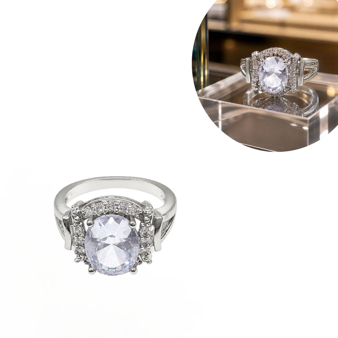 ANILLO DE ENCHAPE PARA DAMA CON CIRCÓN CENTRAL CORTE ÓVALO Y DOBLE HALO LATERAL
