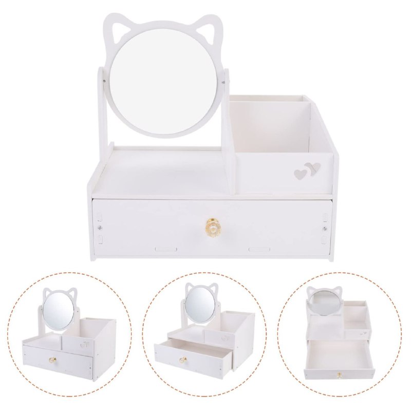 ESTANTE ORGANIZADOR DE COSMETICOS COLOR BLANCO CON ESPEJO DE GATO 29X20X17CM